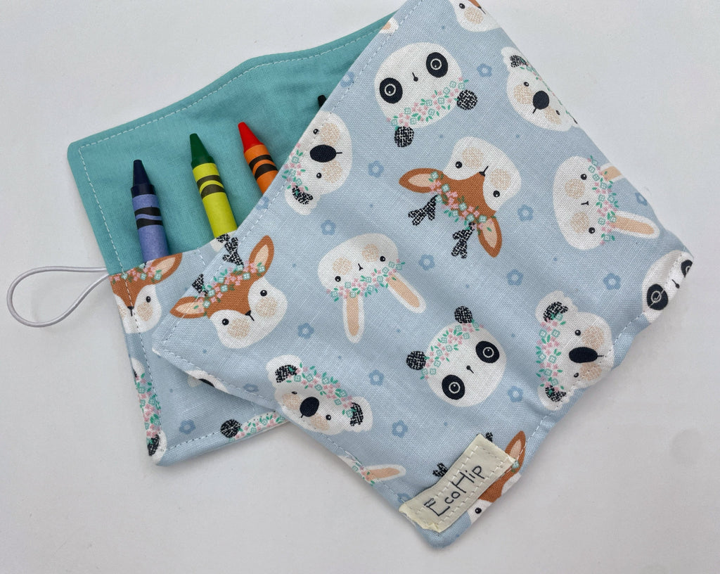 Crayon Roll, Crayon Caddy, Travel Toy, Kids Stocking Stuffer, Crayons Included - Deer Panda Rabbit