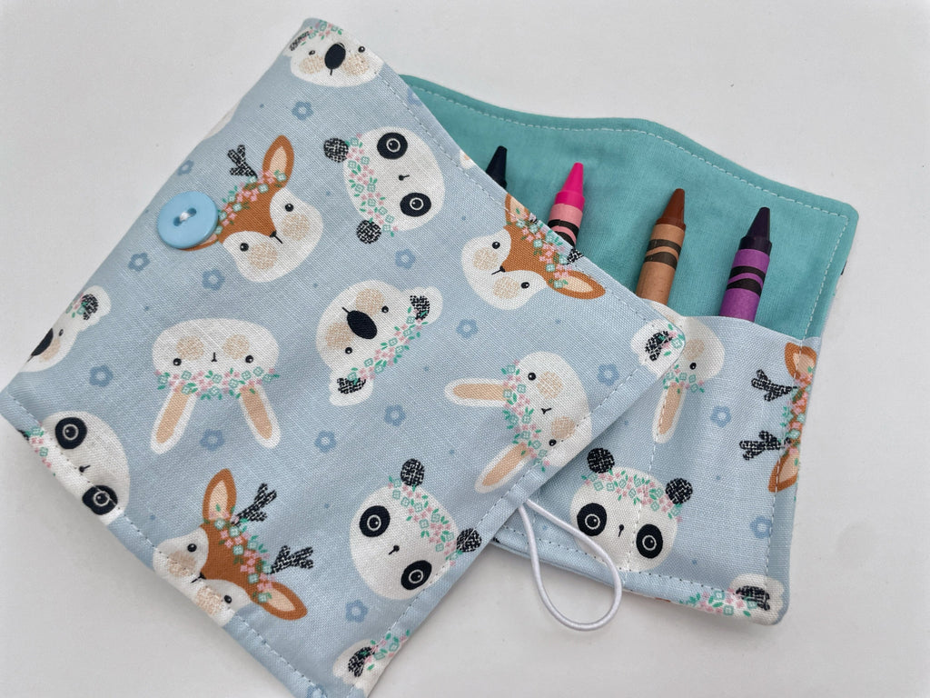 Crayon Roll, Crayon Caddy, Travel Toy, Kids Stocking Stuffer, Crayons Included - Deer Panda Rabbit