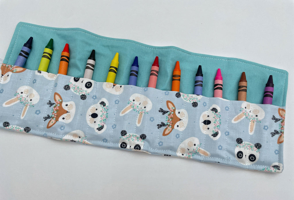 Crayon Roll, Crayon Caddy, Travel Toy, Kids Stocking Stuffer, Crayons Included - Deer Panda Rabbit