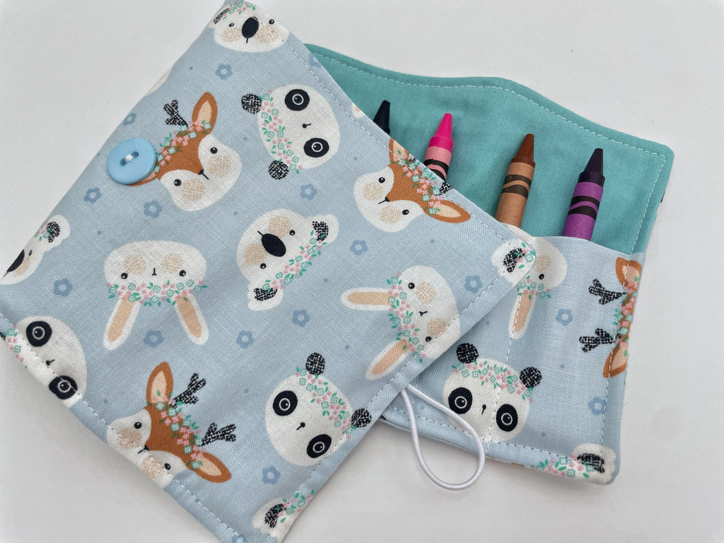 Crayon Roll, Crayon Caddy, Travel Toy, Kids Stocking Stuffer, Crayons Included - Deer Panda Rabbit