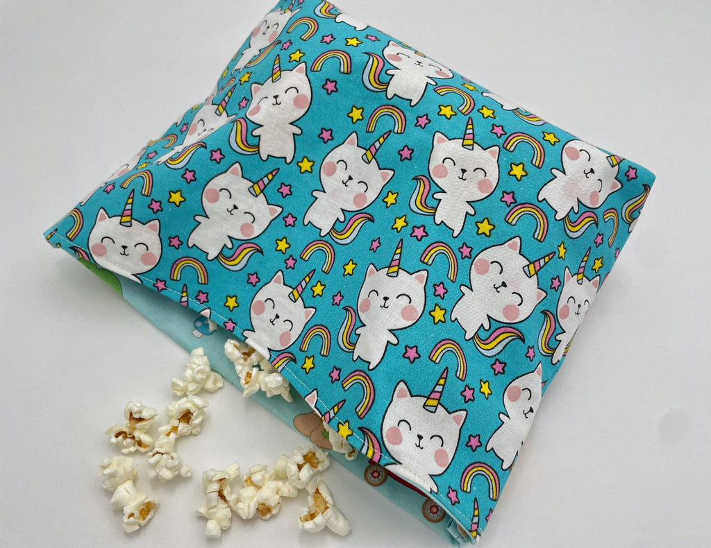 Reusable Popcorn Bag, Reusable Microwave Popcorn, Microwave Popcorn Cozy, Eco-Friendly Snack Holder - Unicorn Cat