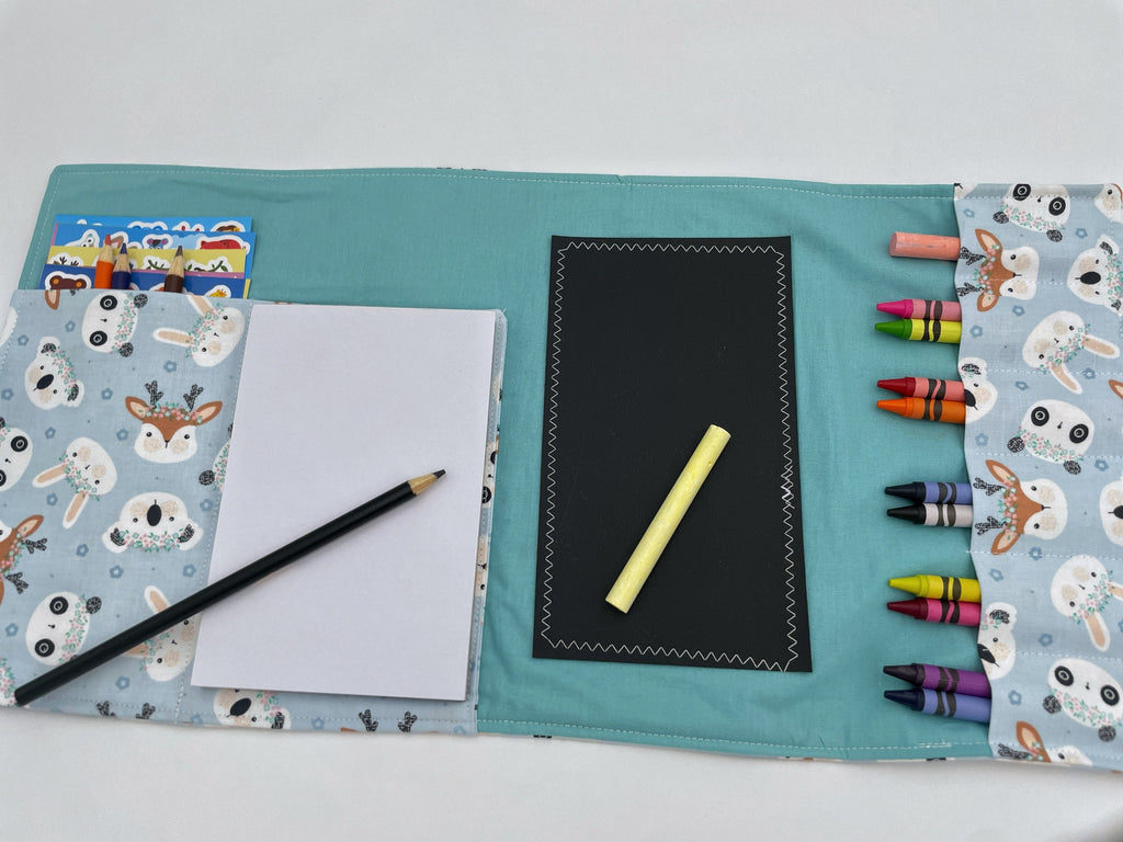 Activity Wallet, Travel Crayon Roll, Chalkboard Mat, Crayon Case, Gift for Kids, Pencil Case, Creative Toy, Stickers - Deer Panda Rabbit