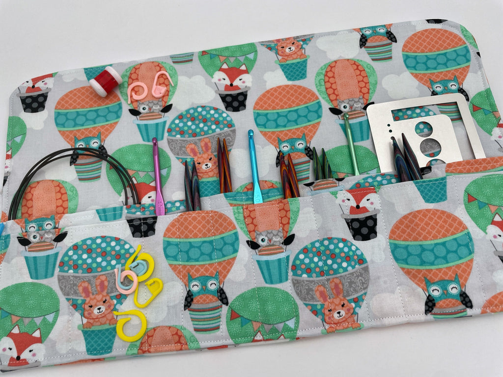 Interchangeable Knitting Needle Case, Knitting Notions Storage. Crochet Hook Roll, Knitting Needle Organizer - Animal Balloons