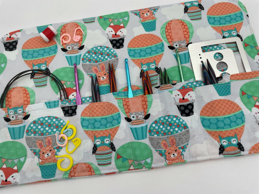 Interchangeable Knitting Needle Case, Knitting Notions Storage. Crochet Hook Roll, Knitting Needle Organizer - Animal Balloons