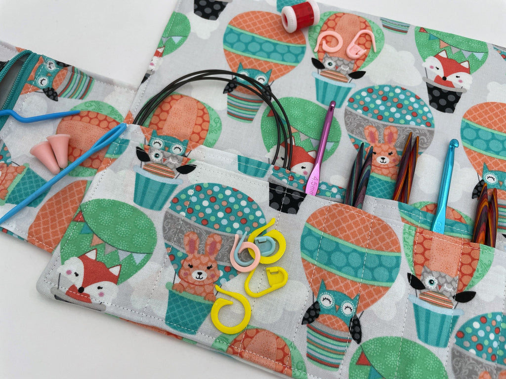 Interchangeable Knitting Needle Case, Knitting Notions Storage. Crochet Hook Roll, Knitting Needle Organizer - Animal Balloons