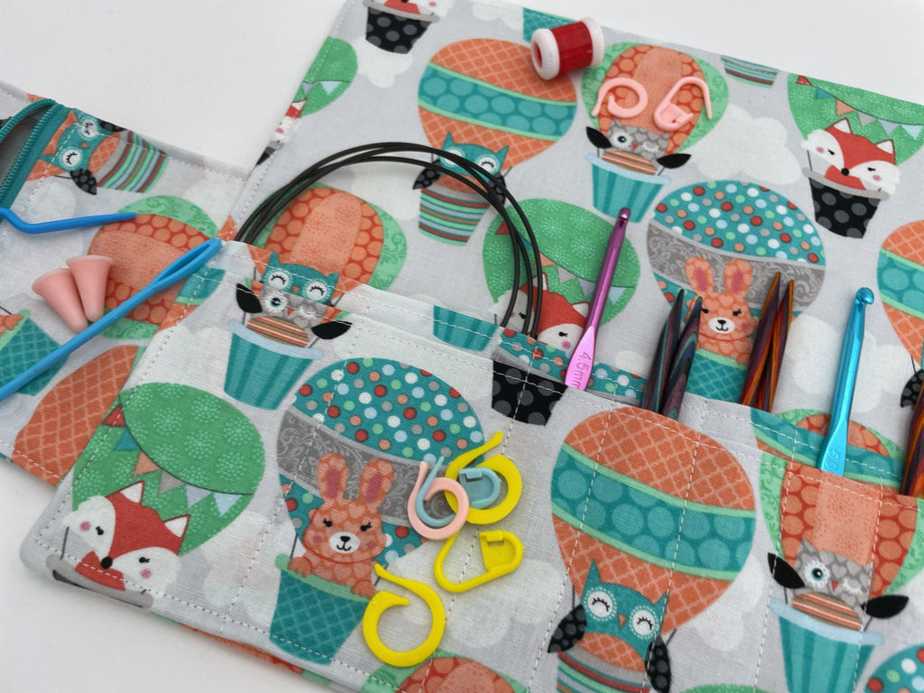 Interchangeable Knitting Needle Case, Knitting Notions Storage. Crochet Hook Roll, Knitting Needle Organizer - Animal Balloons