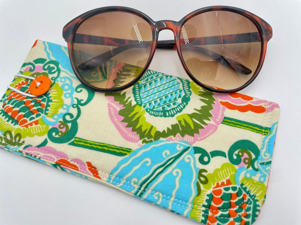 Fabric Eyeglass Case, Slip On Sunglass Sleeve, Reading Glasses Pouch, Eyeglass Holder - Orange Green Floral