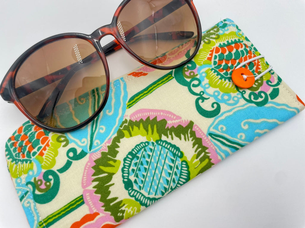 Fabric Eyeglass Case, Slip On Sunglass Sleeve, Reading Glasses Pouch, Eyeglass Holder - Orange Green Floral