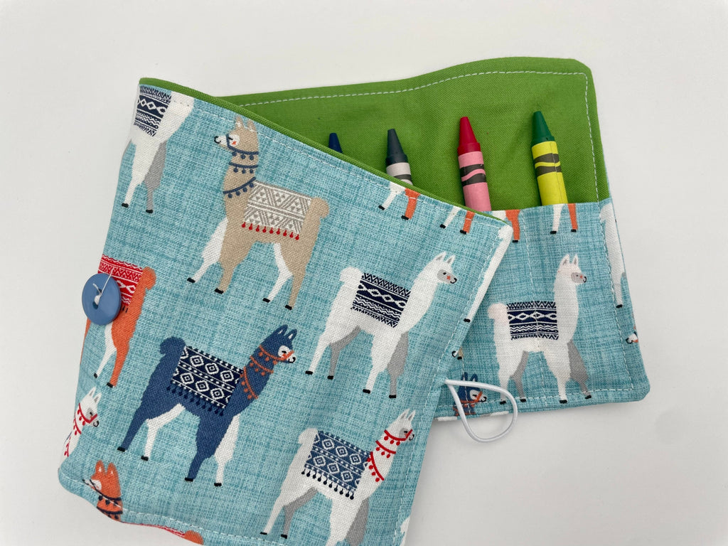 Animal Crayon Roll, Sloths Crayon Caddy, Crayon Case, Crayon Wallet - Llamas in Blue