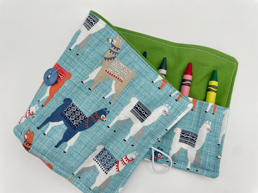 Animal Crayon Roll, Sloths Crayon Caddy, Crayon Case, Crayon Wallet - Llamas in Blue