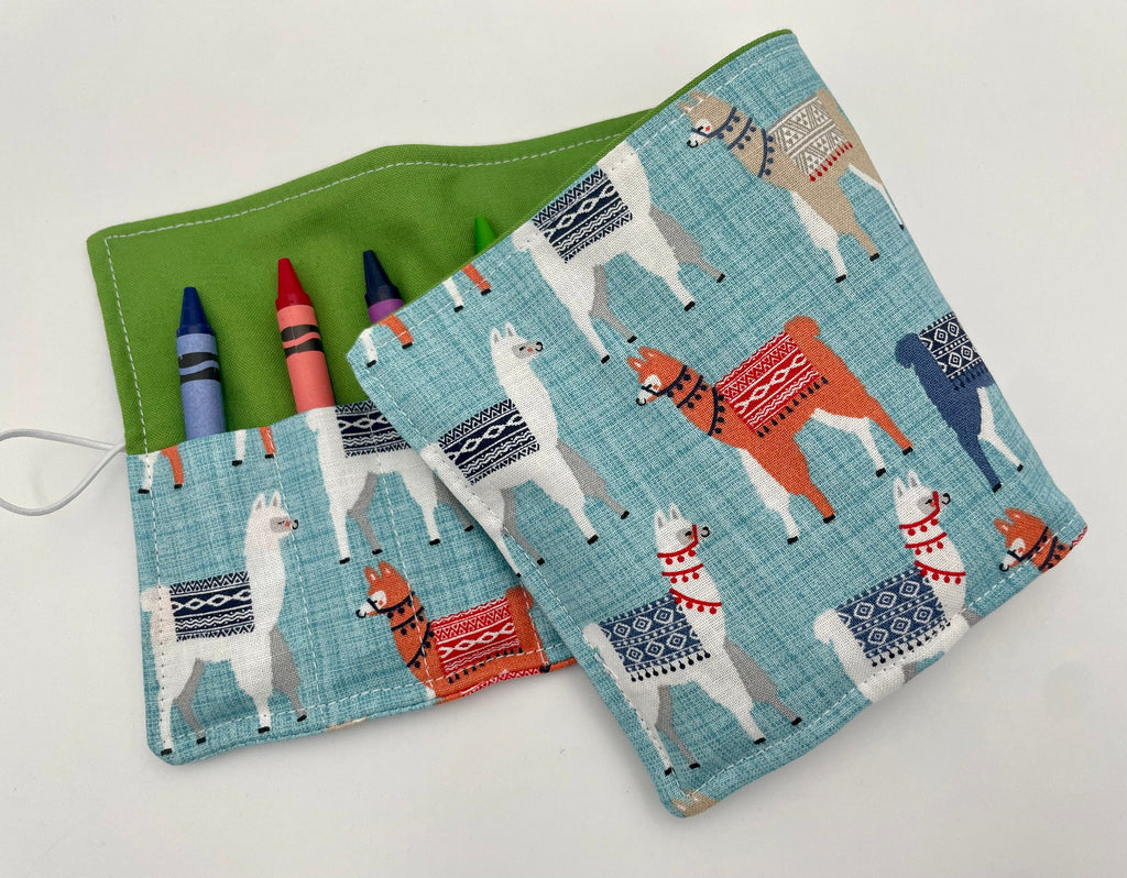 Animal Crayon Roll, Sloths Crayon Caddy, Crayon Case, Crayon Wallet - Llamas in Blue