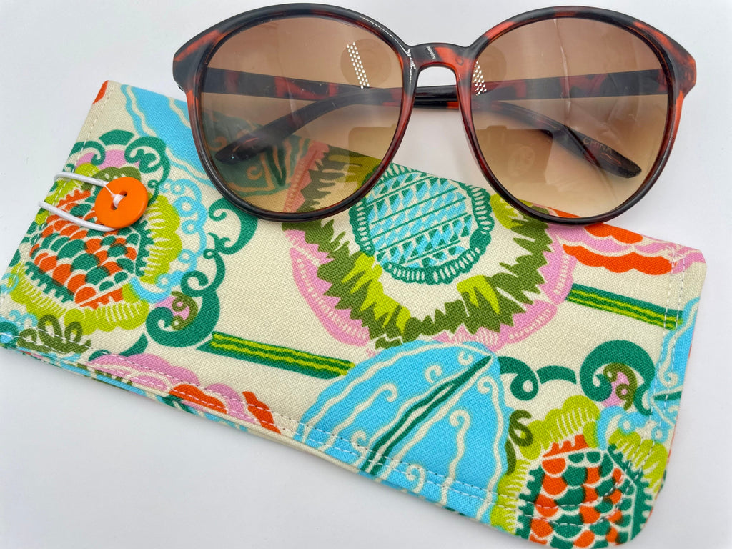 Fabric Eyeglass Case, Slip On Sunglass Sleeve, Reading Glasses Pouch, Eyeglass Holder - Orange Green Floral