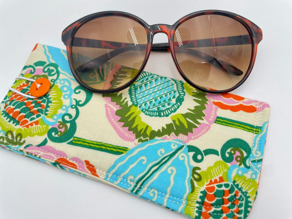 Fabric Eyeglass Case, Slip On Sunglass Sleeve, Reading Glasses Pouch, Eyeglass Holder - Orange Green Floral