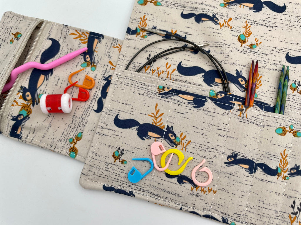 Interchangeable Knitting Needle Case, Knitting Notions Storage, Crochet Hook Roll, Knitting Needle Organizer - Squirrels