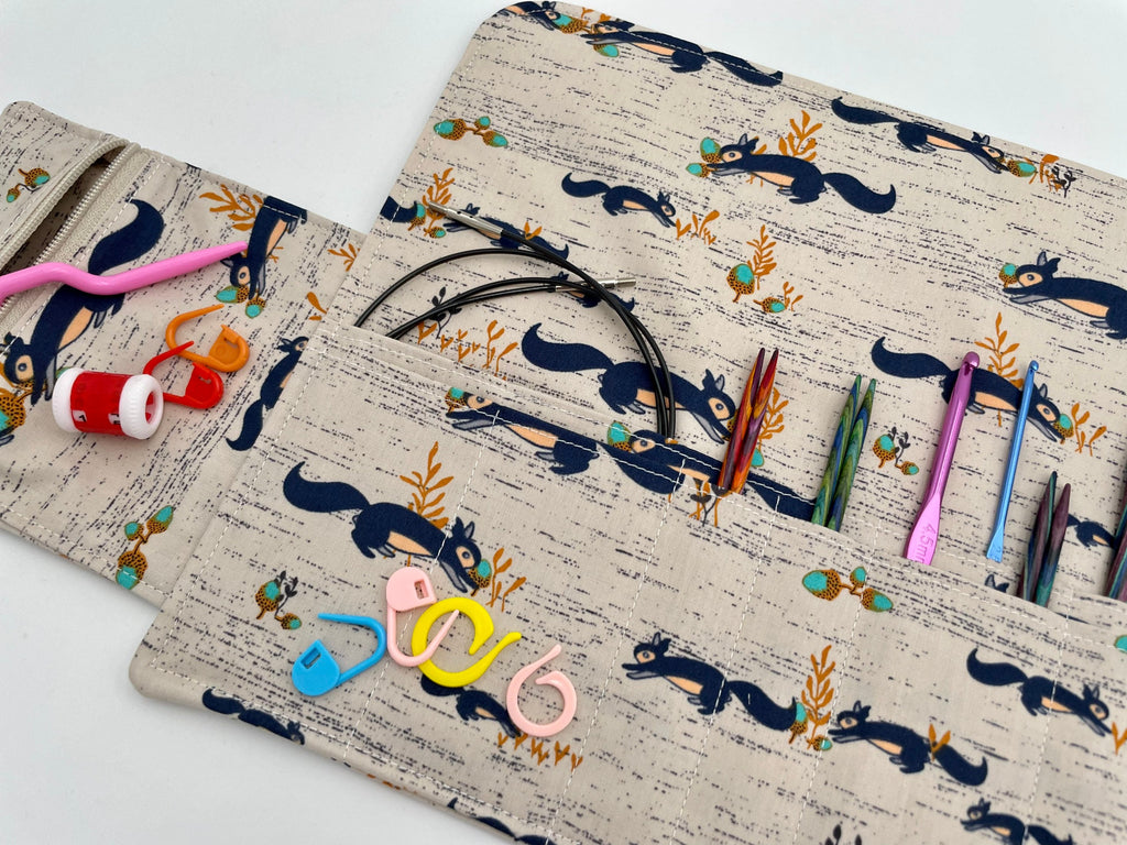 Interchangeable Knitting Needle Case, Knitting Notions Storage, Crochet Hook Roll, Knitting Needle Organizer - Squirrels