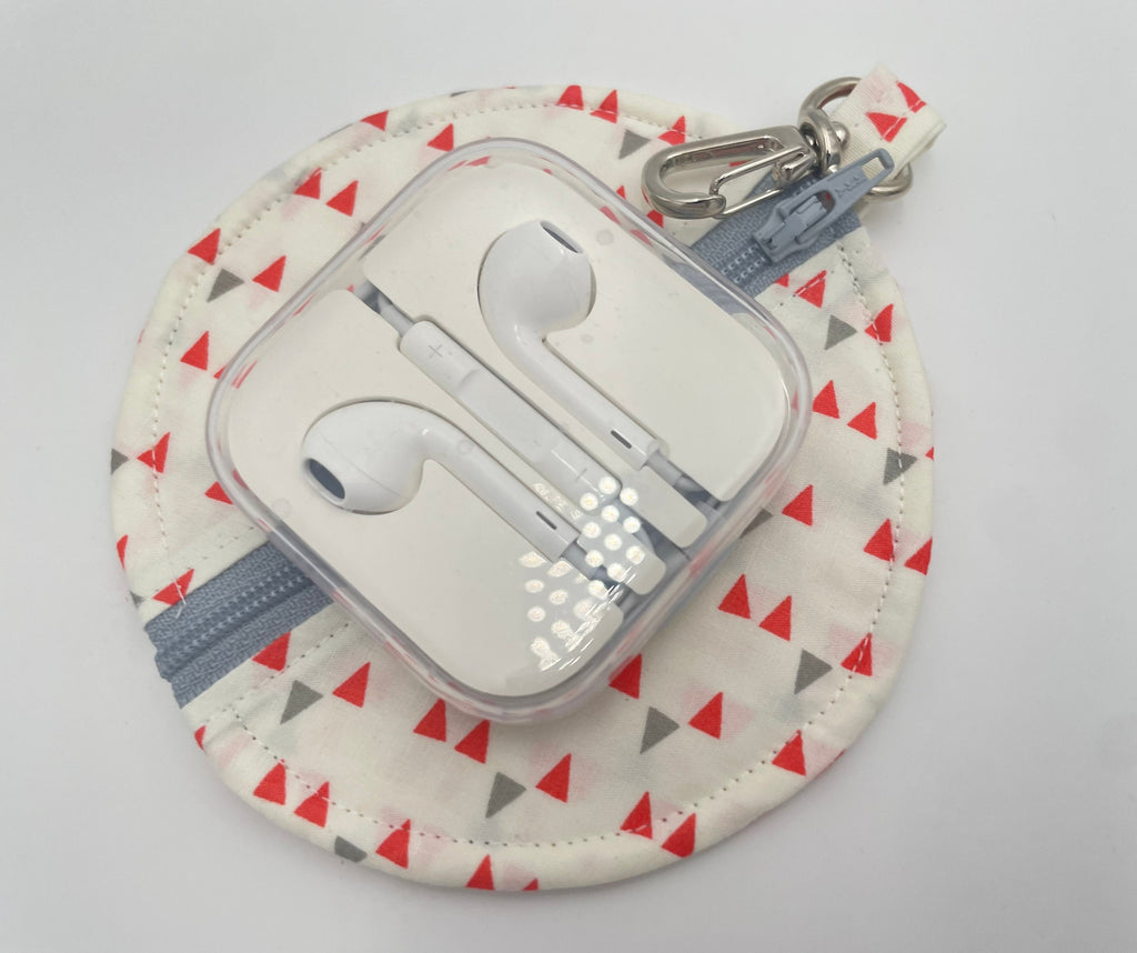 Ear Bud Pouch, Lens Cap Holder, Pacifier Pouch, Ear Bud Case, Paci Pod, Ear Pod Pouch, Earpod Holder, Small Coin Purse - Triangles White