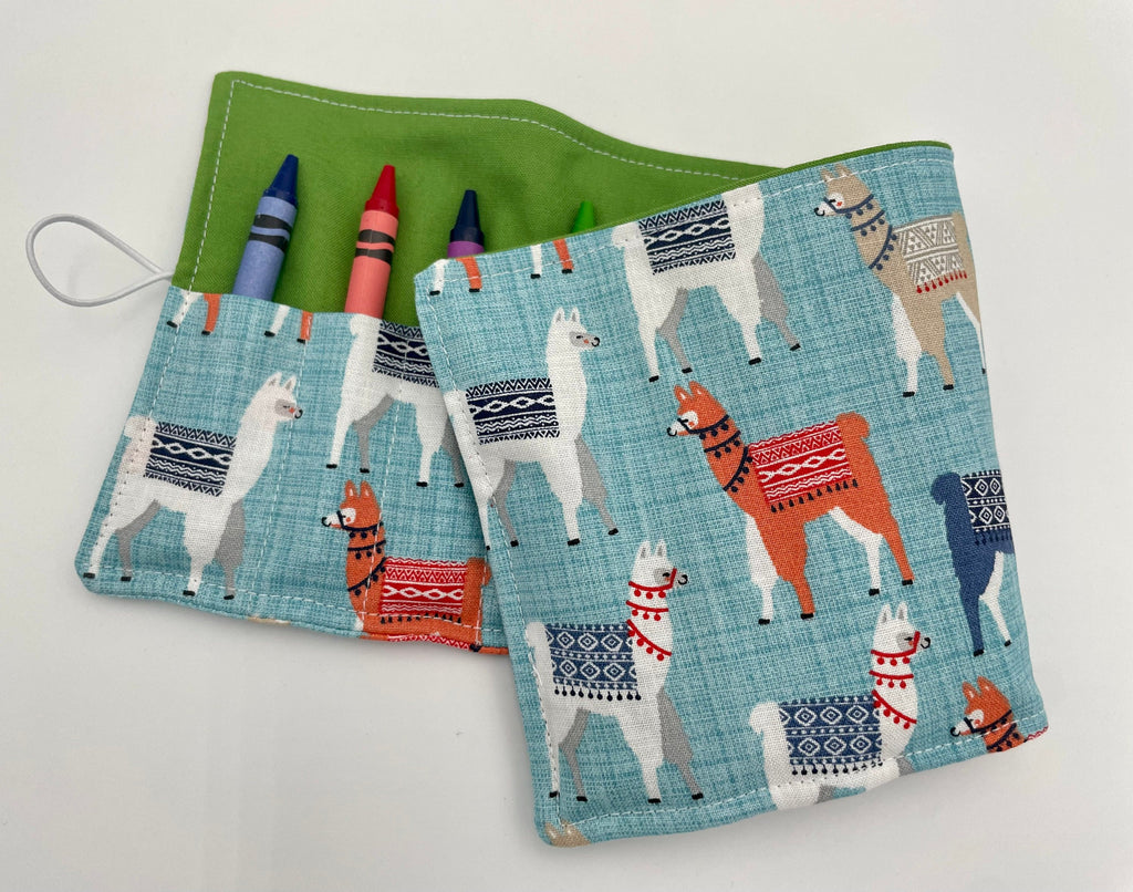 Animal Crayon Roll, Sloths Crayon Caddy, Crayon Case, Crayon Wallet - Llamas in Blue