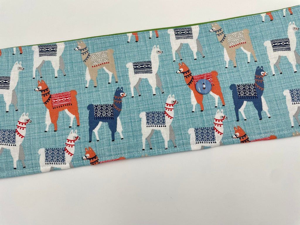 Animal Crayon Roll, Sloths Crayon Caddy, Crayon Case, Crayon Wallet - Llamas in Blue