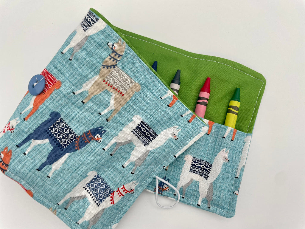 Animal Crayon Roll, Sloths Crayon Caddy, Crayon Case, Crayon Wallet - Llamas in Blue