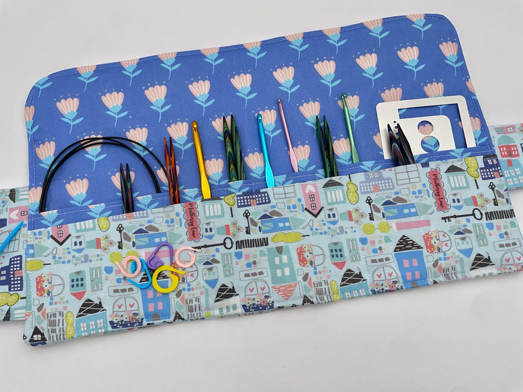 Interchangeable Knitting Needle Case, Knitting Notions Storage, Crochet Hook Roll, Knitting Needle Organizer - Our Town Blue