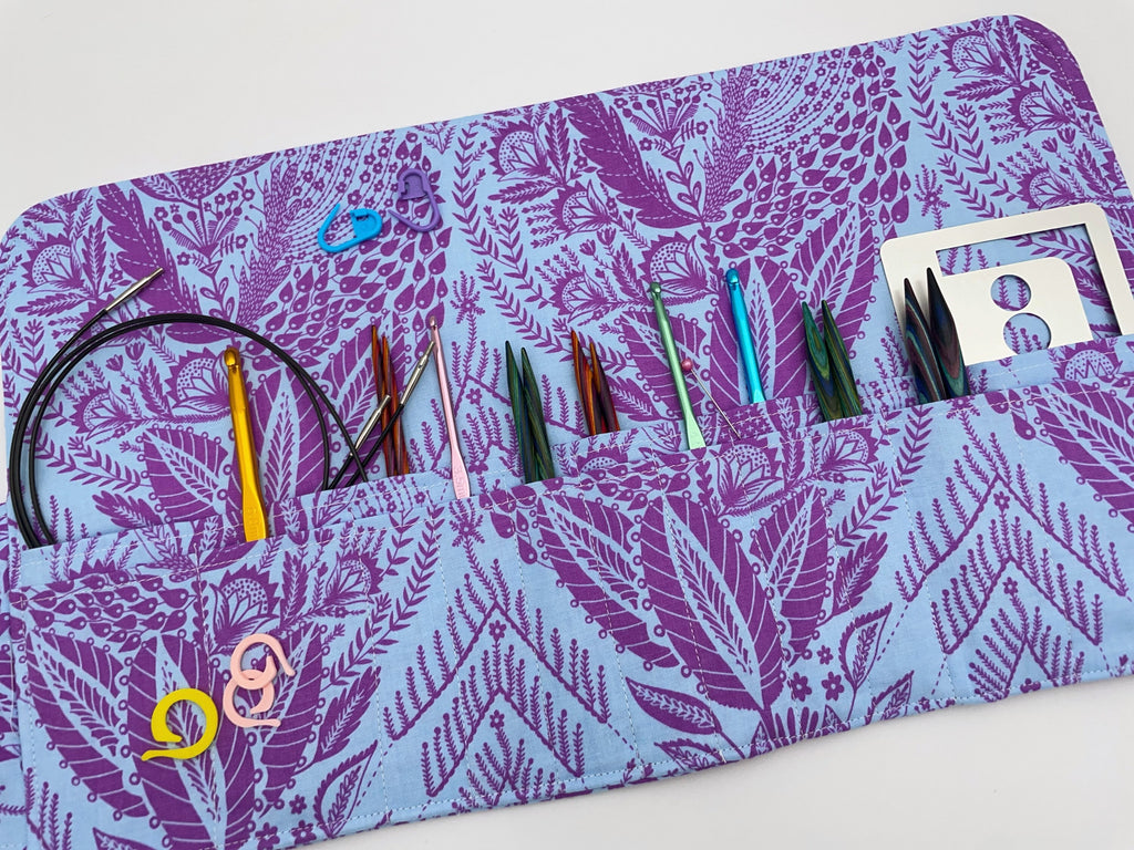 Interchangeable Knitting Needle Case, Knitting Notions Storage, Crochet Hook Roll, Knitting Needle Organizer - Lilac and Blue