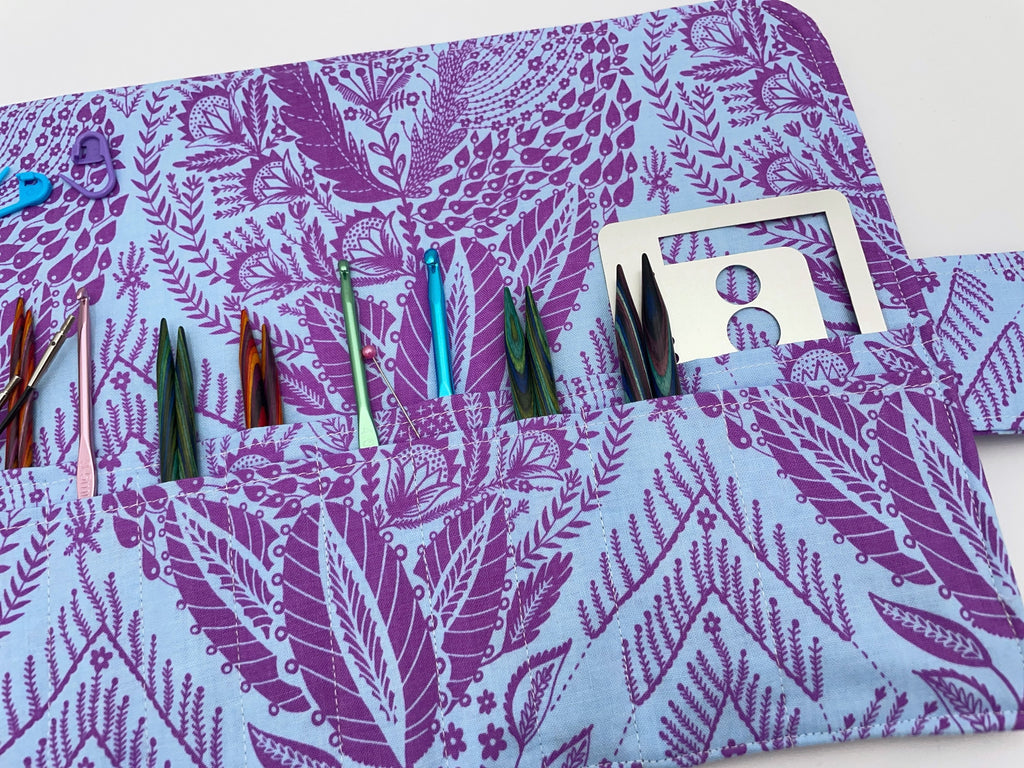 Interchangeable Knitting Needle Case, Knitting Notions Storage, Crochet Hook Roll, Knitting Needle Organizer - Lilac and Blue