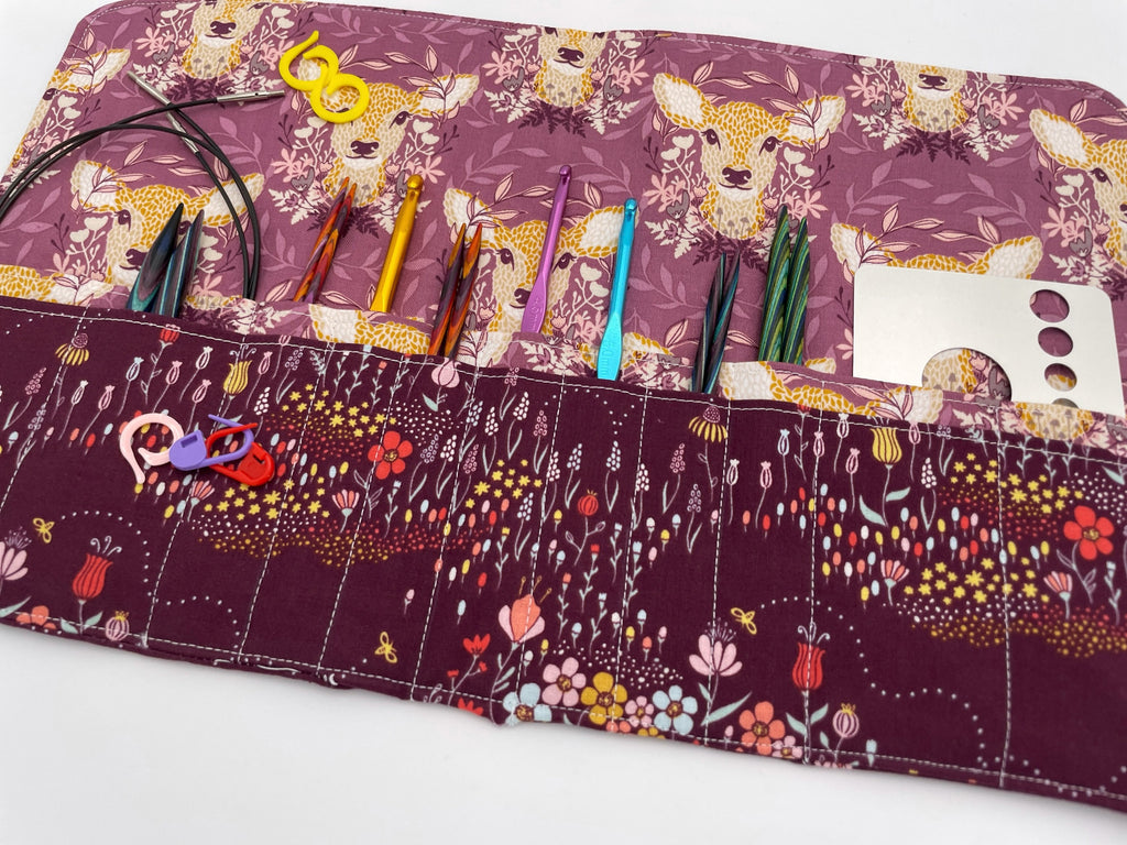 Interchangeable Knitting Needle Case, Knitting Notions Storage. Crochet Hook Roll, Knitting Needle Organizer - Deer Ruby Purple