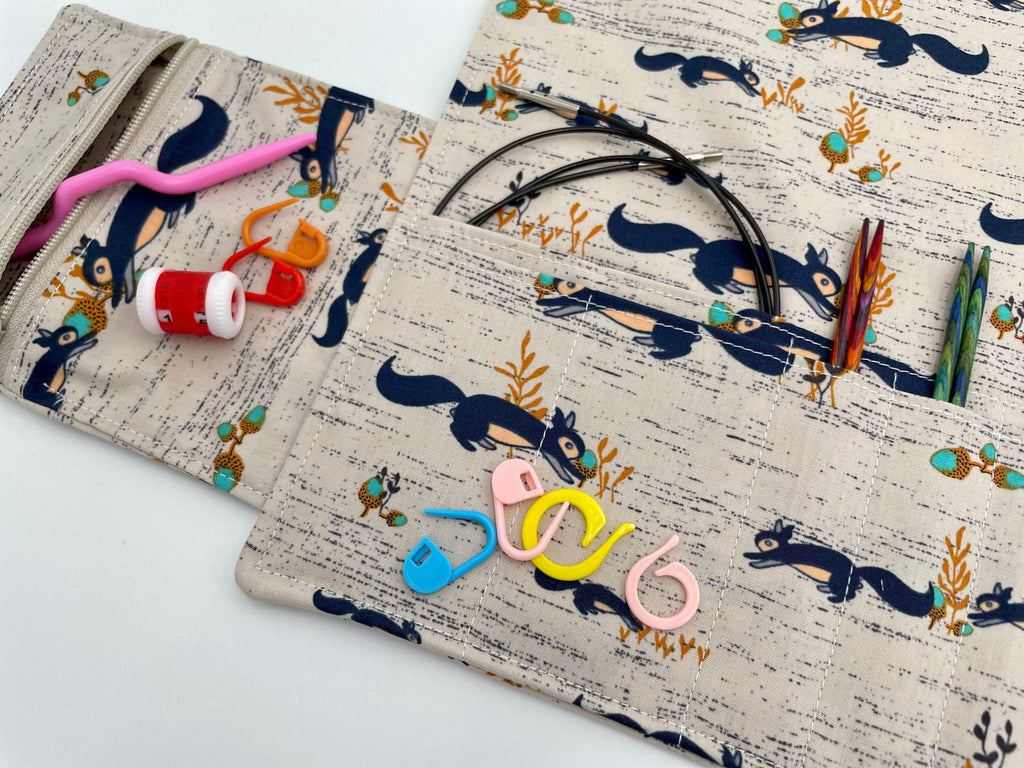 Interchangeable Knitting Needle Case, Knitting Notions Storage, Crochet Hook Roll, Knitting Needle Organizer - Squirrels