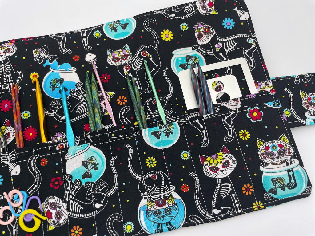 Interchangeable Knitting Needle Case, Knitting Notions Storage. Crochet Hook Roll, Knitting Needle Organizer - Sugar Skulls Kitty