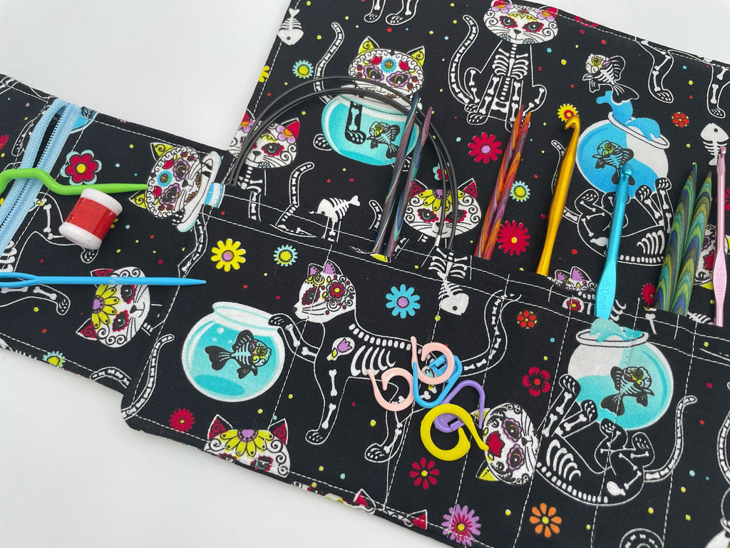 Interchangeable Knitting Needle Case, Knitting Notions Storage. Crochet Hook Roll, Knitting Needle Organizer - Sugar Skulls Kitty