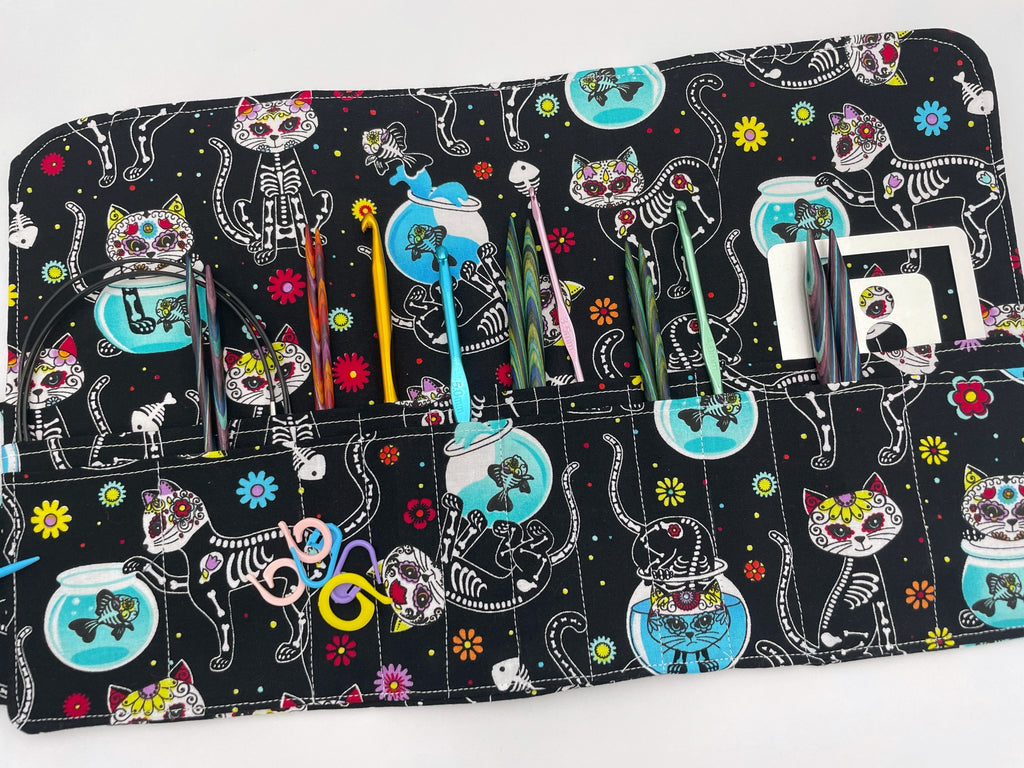 Interchangeable Knitting Needle Case, Knitting Notions Storage. Crochet Hook Roll, Knitting Needle Organizer - Sugar Skulls Kitty