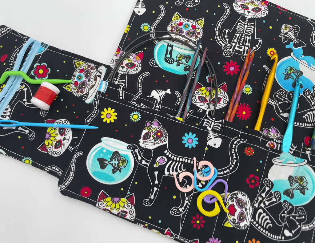 Interchangeable Knitting Needle Case, Knitting Notions Storage. Crochet Hook Roll, Knitting Needle Organizer - Sugar Skulls Kitty