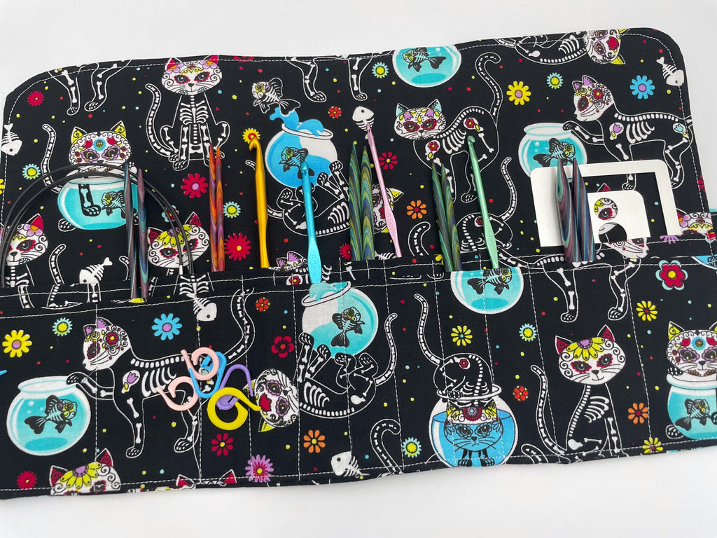 Interchangeable Knitting Needle Case, Knitting Notions Storage. Crochet Hook Roll, Knitting Needle Organizer - Sugar Skulls Kitty