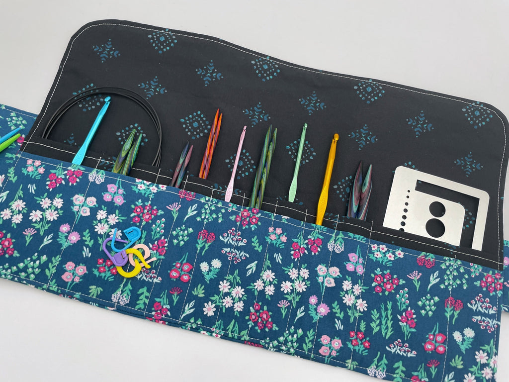 Interchangeable Knitting Needle Case, Knitting Notions Storage, Crochet Hook Roll, Knitting Needle Organizer - Aquarelle Floral