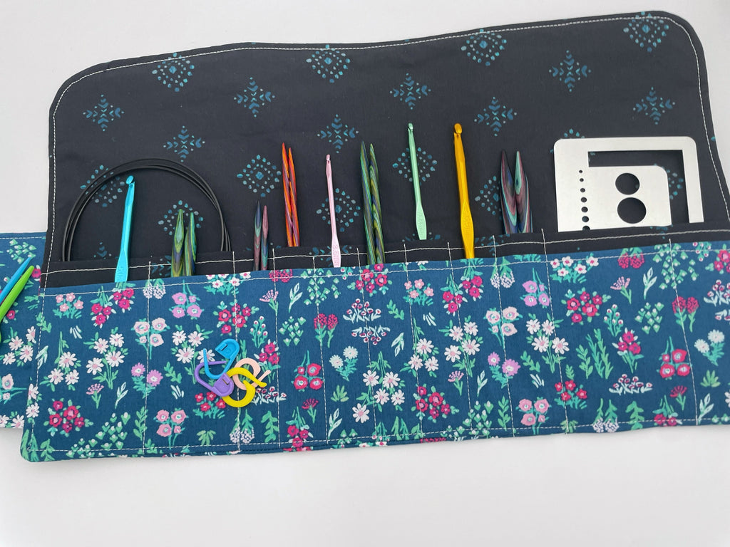 Interchangeable Knitting Needle Case, Knitting Notions Storage, Crochet Hook Roll, Knitting Needle Organizer - Aquarelle Floral