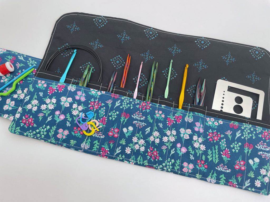 Interchangeable Knitting Needle Case, Knitting Notions Storage, Crochet Hook Roll, Knitting Needle Organizer - Aquarelle Floral