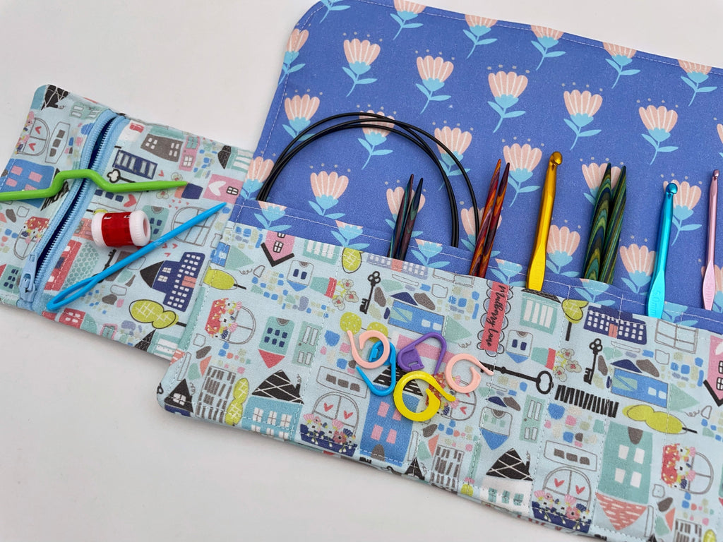 Interchangeable Knitting Needle Case, Knitting Notions Storage, Crochet Hook Roll, Knitting Needle Organizer - Our Town Blue