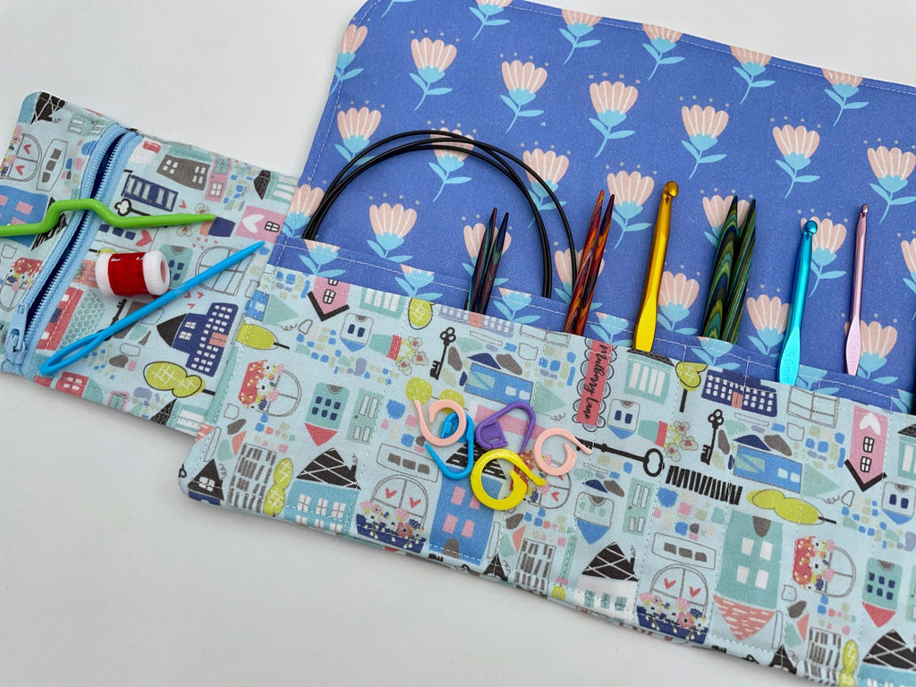 Interchangeable Knitting Needle Case, Knitting Notions Storage, Crochet Hook Roll, Knitting Needle Organizer - Our Town Blue