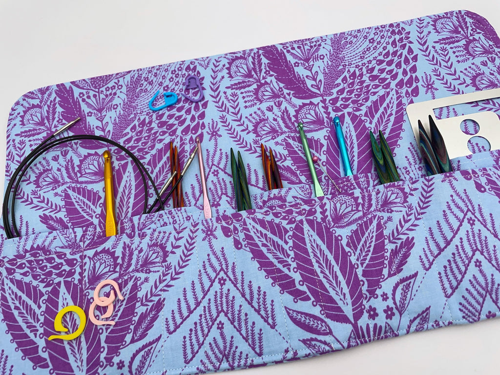 Interchangeable Knitting Needle Case, Knitting Notions Storage, Crochet Hook Roll, Knitting Needle Organizer - Lilac and Blue