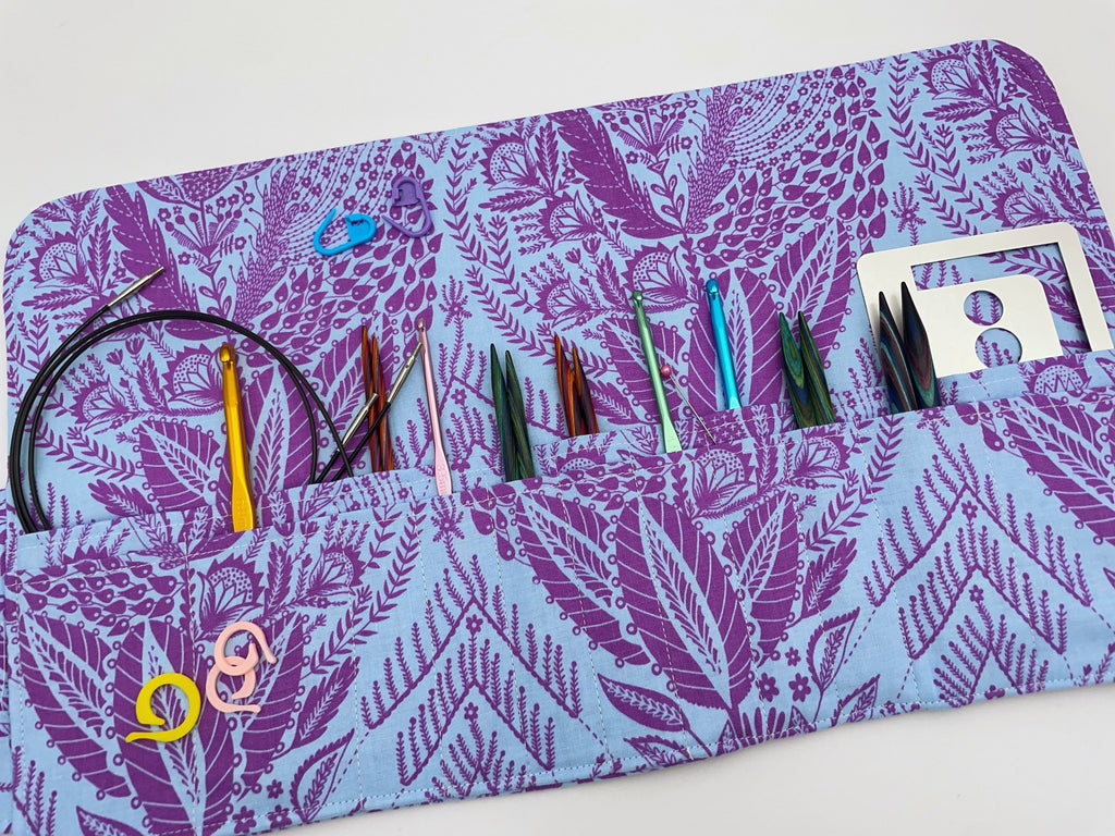 Interchangeable Knitting Needle Case, Knitting Notions Storage, Crochet Hook Roll, Knitting Needle Organizer - Lilac and Blue