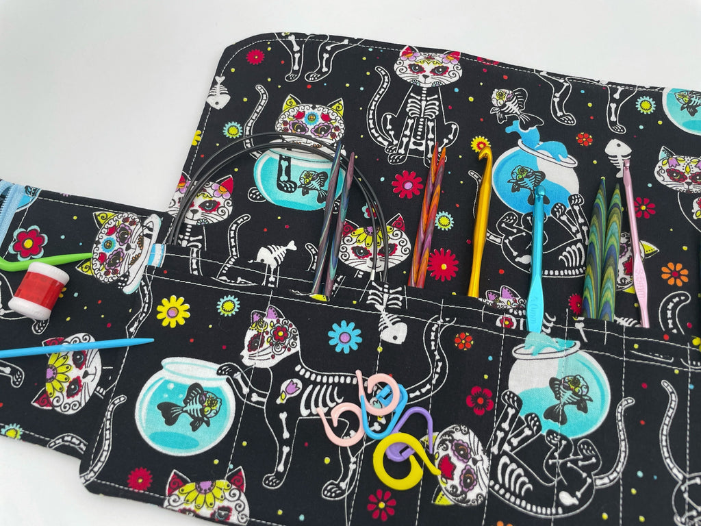 Interchangeable Knitting Needle Case, Knitting Notions Storage. Crochet Hook Roll, Knitting Needle Organizer - Sugar Skulls Kitty