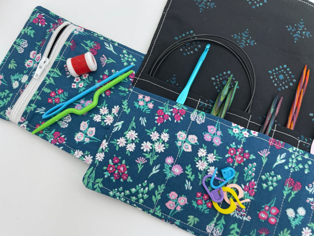 Interchangeable Knitting Needle Case, Knitting Notions Storage, Crochet Hook Roll, Knitting Needle Organizer - Aquarelle Floral