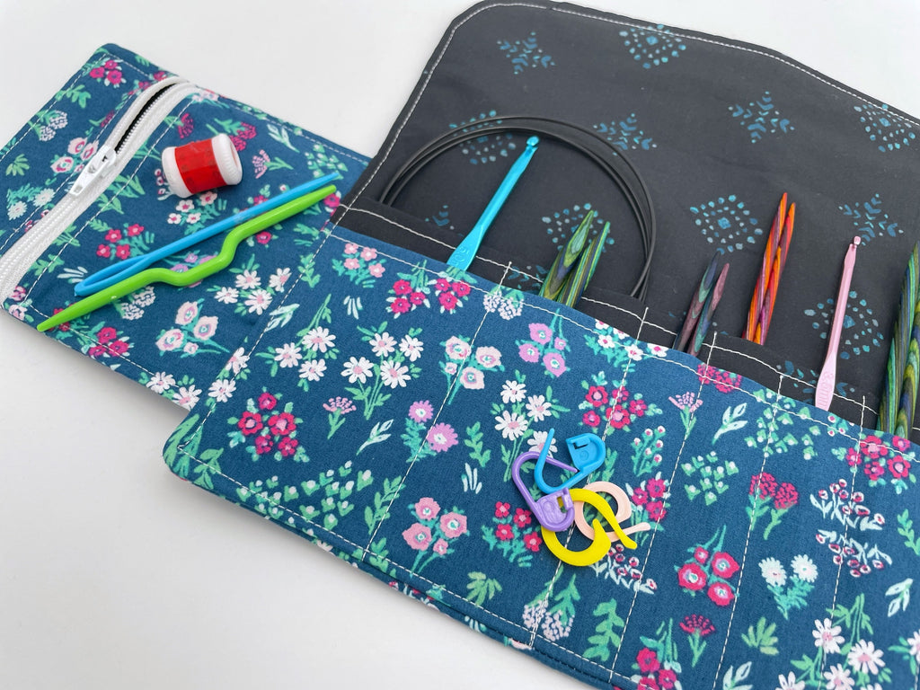 Interchangeable Knitting Needle Case, Knitting Notions Storage, Crochet Hook Roll, Knitting Needle Organizer - Aquarelle Floral