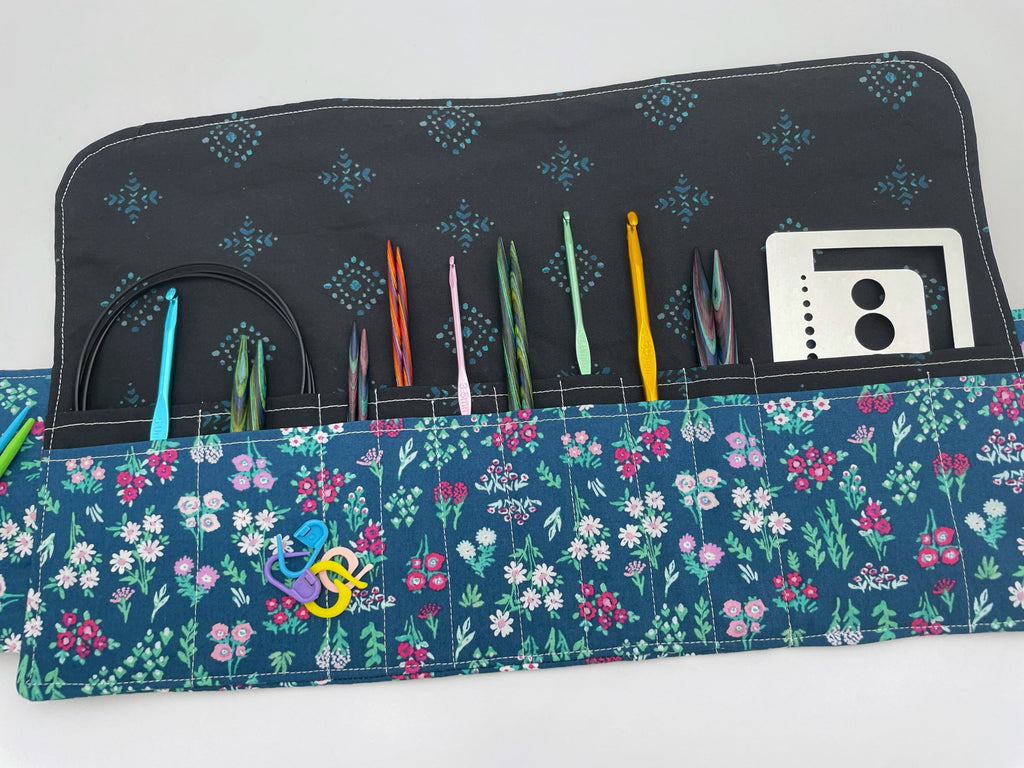 Interchangeable Knitting Needle Case, Knitting Notions Storage, Crochet Hook Roll, Knitting Needle Organizer - Aquarelle Floral