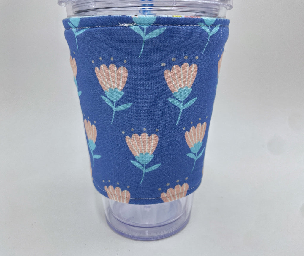 Reversible Coffee Cozy, Insulated Coffee Sleeve, Coffee Cuff, Iced Coffee Sleeve, Hot Tea Sleeve, Cold Drink Cup Cuff - Our Town Blue