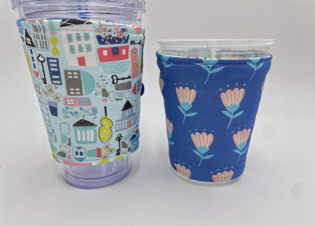 Reversible Coffee Cozy, Insulated Coffee Sleeve, Coffee Cuff, Iced Coffee Sleeve, Hot Tea Sleeve, Cold Drink Cup Cuff - Our Town Blue