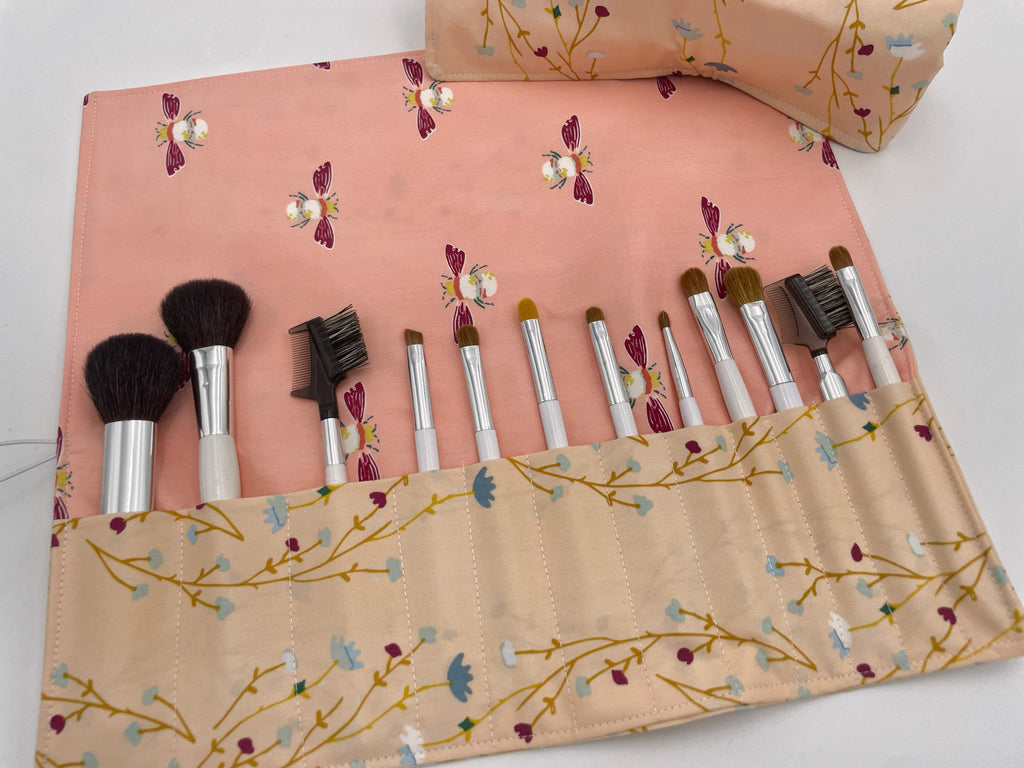 Travel Makeup Brush Holder, Makeup Brush Roll, Peach Makeup Brush Organizer, Travel Make Up Brush Bag, Brush Case - Peonies Blush