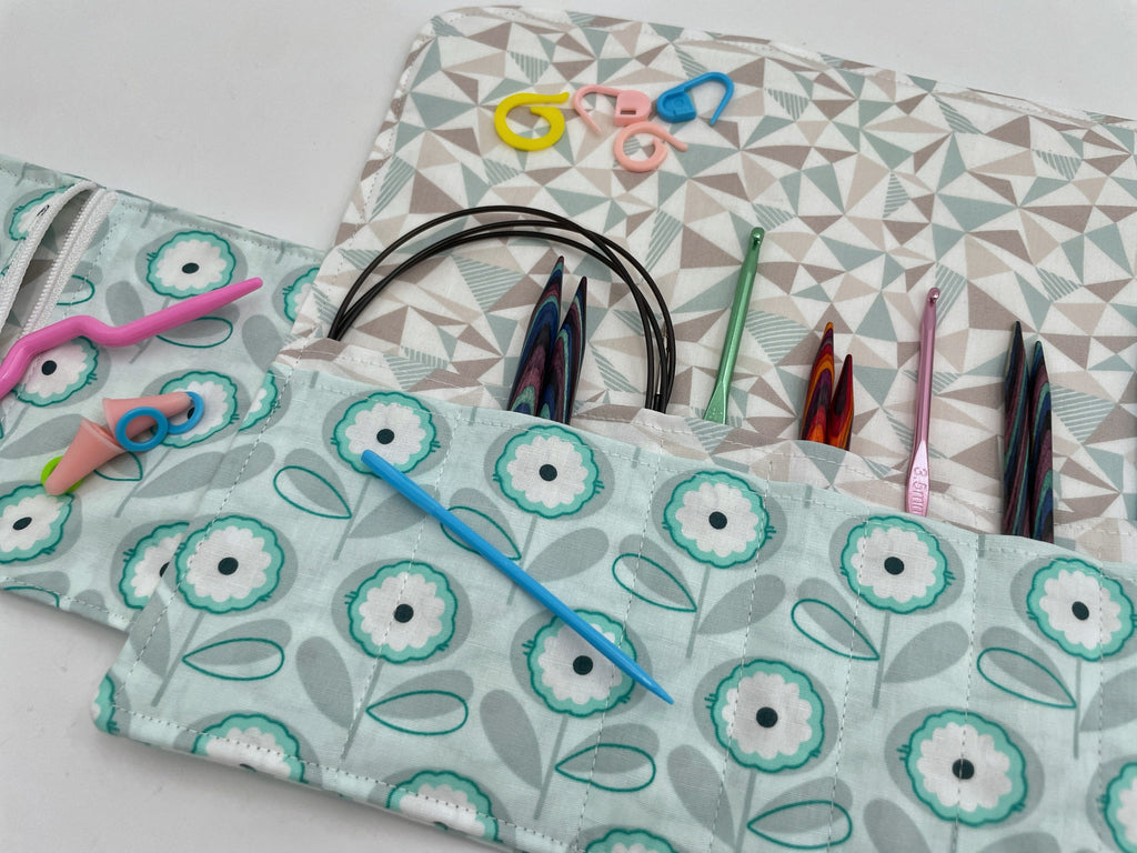 Interchangeable Knitting Needle Case, Knitting Notions Storage. Crochet Hook Roll, Knitting Needle Organizer - Petals Menthe