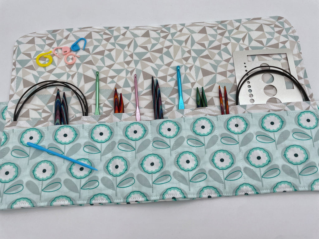 Interchangeable Knitting Needle Case, Knitting Notions Storage. Crochet Hook Roll, Knitting Needle Organizer - Petals Menthe