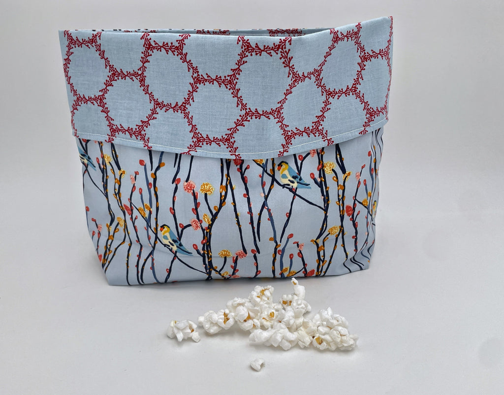 Reusable Popcorn Bag, Reusable Microwave Popcorn, Microwave Popcorn Cozy, Eco-Friendly Snack Holder - Birds Blue